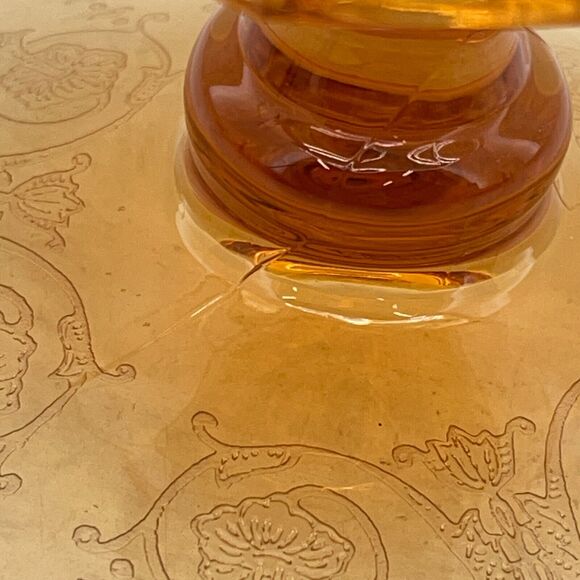 Vintage Amber Glass Candlestick Holders Etched Footed Candle Holder - Few Cracks - Picture 9 of 12